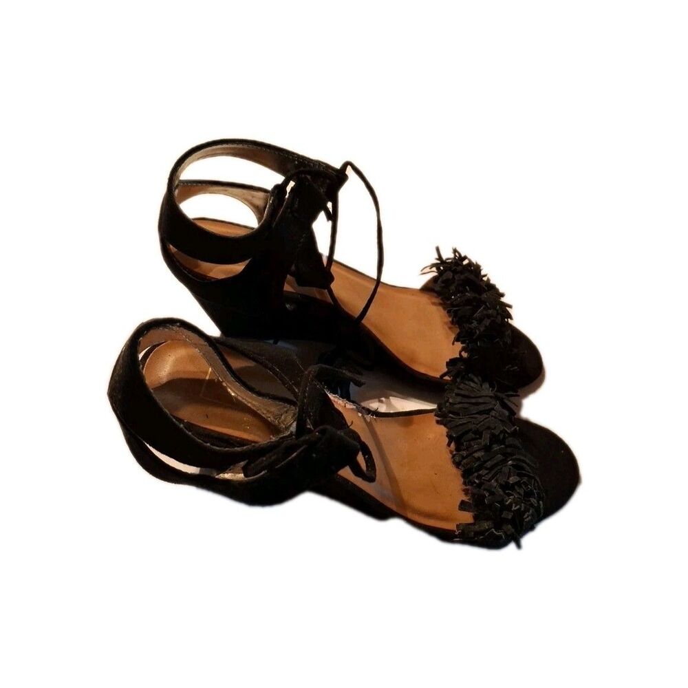 NIB Material Girl Mhaniya Black Wedge Dress Ankle Tie Sandal 055M Size 6